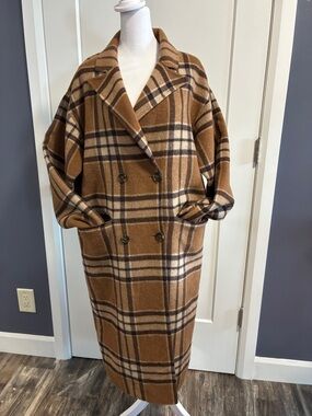 OAK + FORT Brown Plaid Double-Breasted Wool-Blend Pea Coat